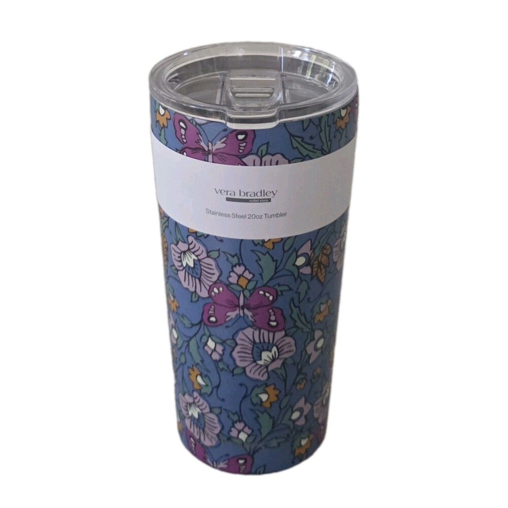 NEW Vera Bradley WILD PRAIRIE 20oz Blue Floral Stainless Steel Tumbler Butterfly